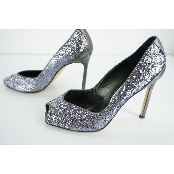 Manolo Blahnik Glitter Fatducabo Peep Toe Heels Pumps Size 37.5 - Picture 9 of 12